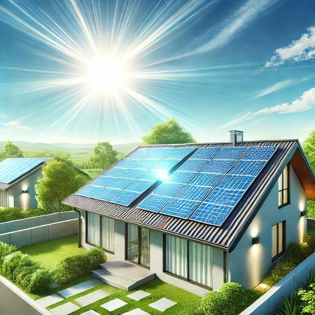 DALL·E 2024-10-09 16.55.00 - An illustration of solar panels installed on the roof of a modern house, with bright sunlight and a blue sky in the background. The solar panels are a DALL·E 2024-10-09 16.55.00 - An illustration of solar panels installed on the roof of a modern house, with bright sunlight and a blue sky in the background. The solar panels are a