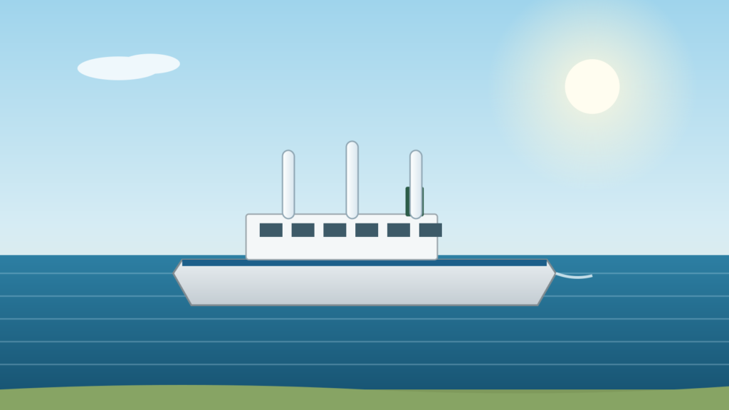 Illustration av en modern RoPax-färja med vindassisterande rotorsegel på Östersjön