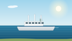 Illustration av en modern RoPax-färja med vindassisterande rotorsegel på Östersjön