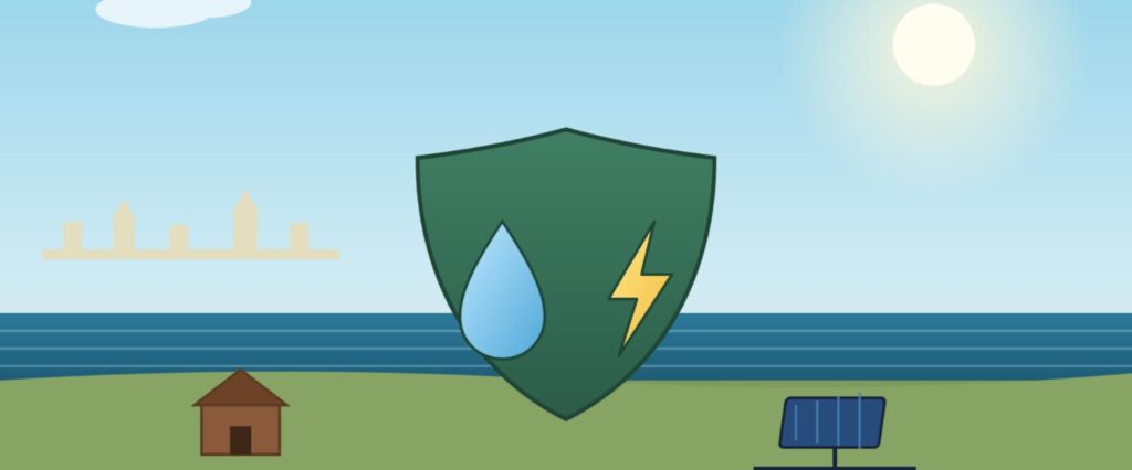 Illustration av beredskap för vatten och energi på Gotland, med sköld, vattendroppe, blixt, solpanel och hus