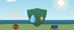 Illustration av beredskap för vatten och energi på Gotland, med sköld, vattendroppe, blixt, solpanel och hus