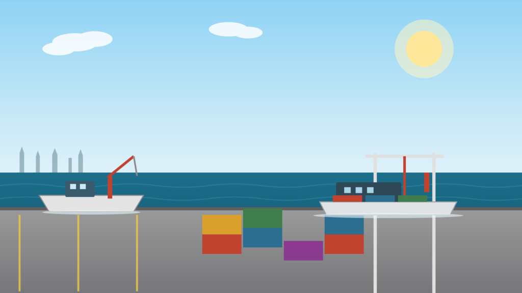 Illustration av utbyggnad av Visby hamn med kranar, fartyg och containrar